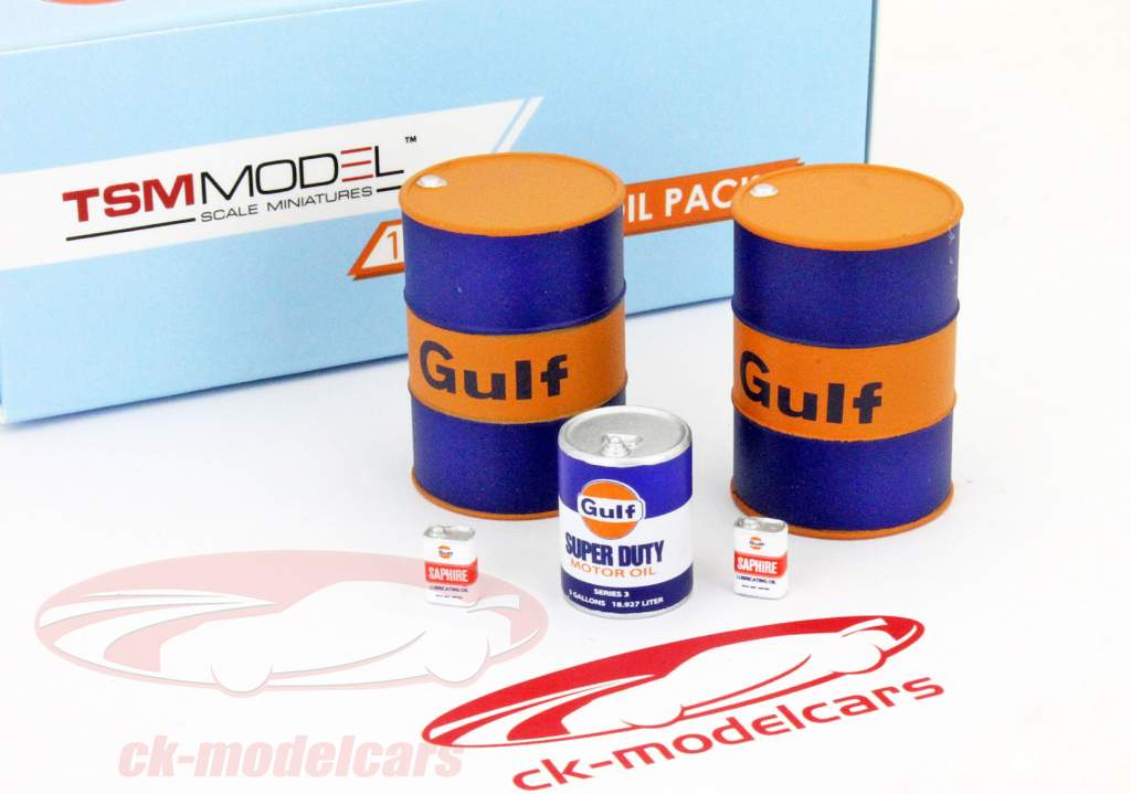 Gulf Racing Oil Pack mit Ölfässern und Benzinfässern in 1:18 TrueScale