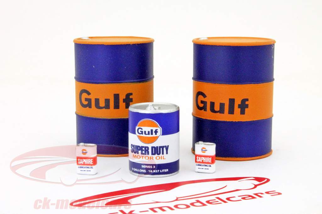Gulf Racing Oil Pack mit Ölfässern und Benzinfässern in 1:18 TrueScale