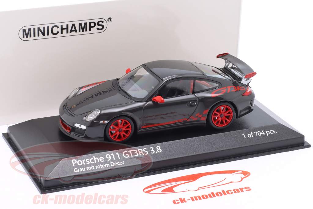 Porsche 911 (997.II) GT3 RS 3.8 Año de construcción 2009 Gris con rojo decoración 1:43 Minichamps