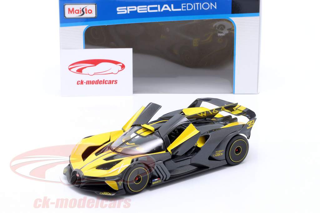 Bugatti Bolide W16.4 Byggeår 2020 gul / kulstof 1:24 Maisto
