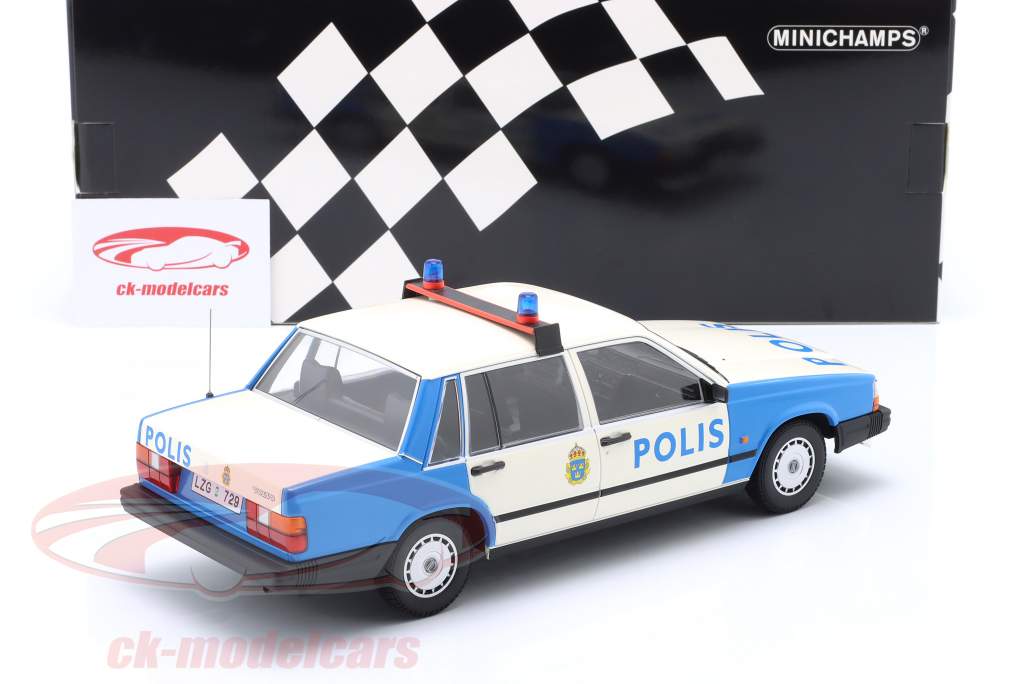 Volvo 740 GL polícia Suécia 1986 branco / azul 1:18 Minichamps