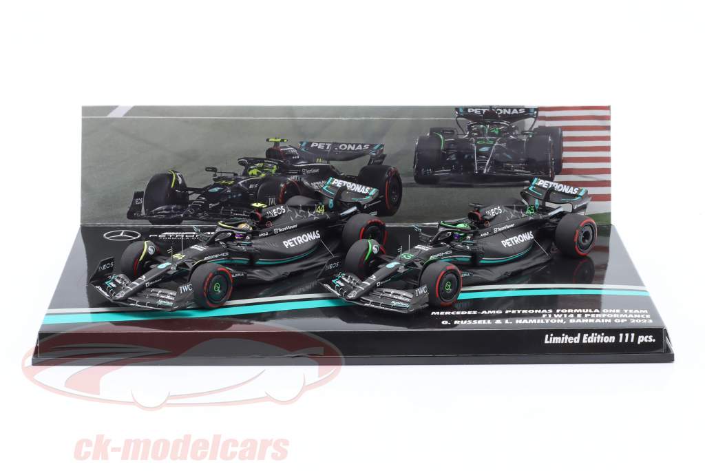 2-Car Set Hamilton #44 & Russell #63 Bahréin GP fórmula 1 2023 1:43 Minichamps