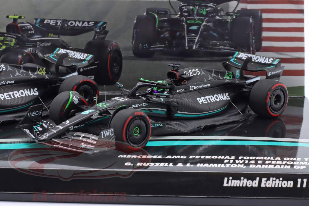 2-Car Set Hamilton #44 & Russell #63 Bahréin GP fórmula 1 2023 1:43 Minichamps