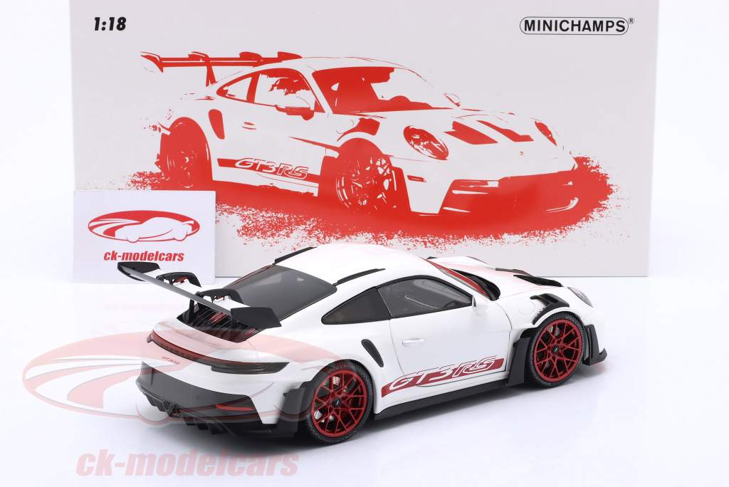Porsche 911 (992) GT3 RS year 2022 white / red rims 1:18 Minichamps