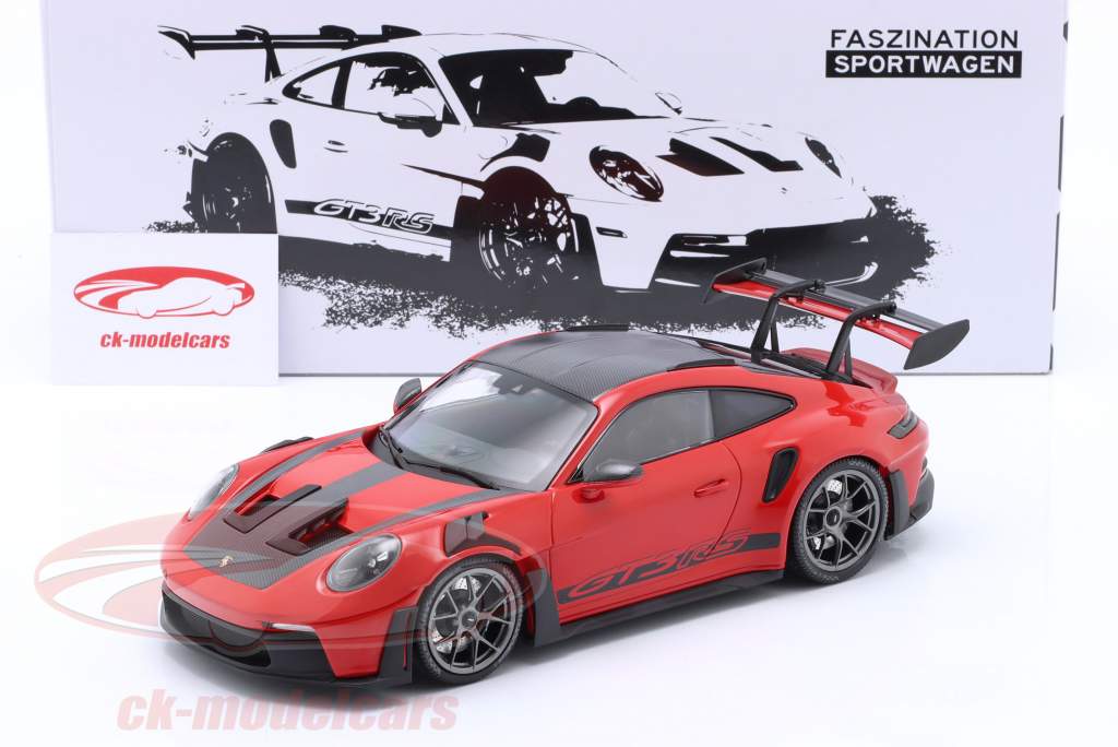 Porsche 911 (992) GT3 RS year 2023 red / silver rims 1:18 Minichamps
