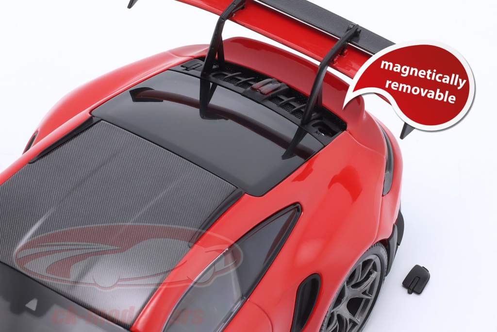 Porsche 911 (992) GT3 RS year 2023 red / silver rims 1:18 Minichamps