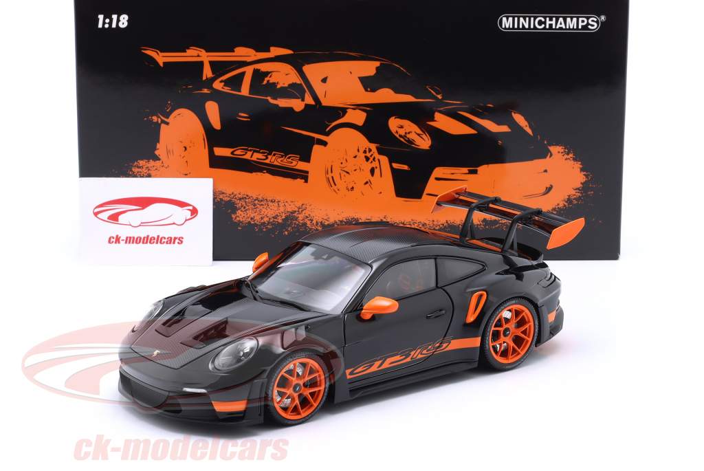 Porsche 911 (992) GT3 RS Année de construction 2022 noir / orange jantes 1:18 Minichamps