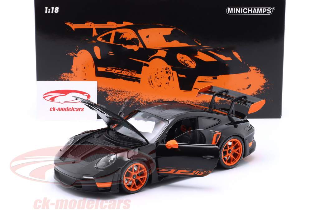 Porsche 911 (992) GT3 RS Année de construction 2022 noir / orange jantes 1:18 Minichamps