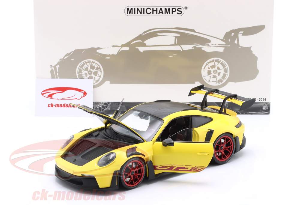 Porsche 911 (992) GT3 RS Forfait Weissach 2024 jaune / rouge jantes 1:18 Minichamps