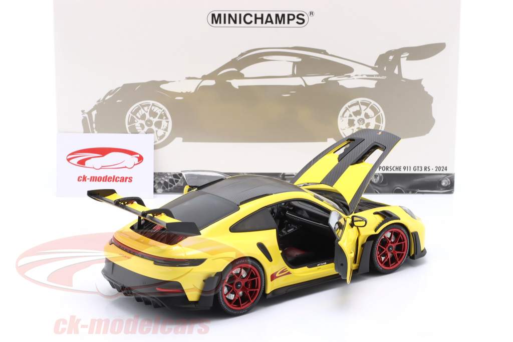 Porsche 911 (992) GT3 RS Forfait Weissach 2024 jaune / rouge jantes 1:18 Minichamps