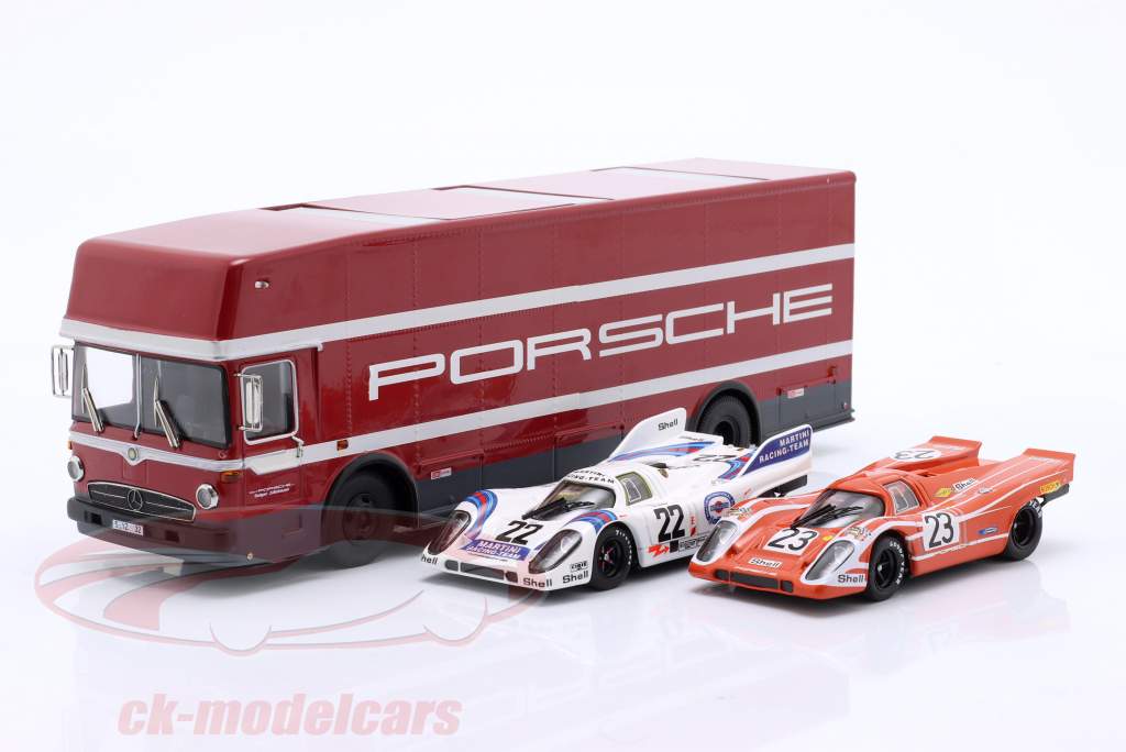 Set: 24h LeMans winner 1970-71 Porsche 917 & Racing transporter 1:43 Brumm
