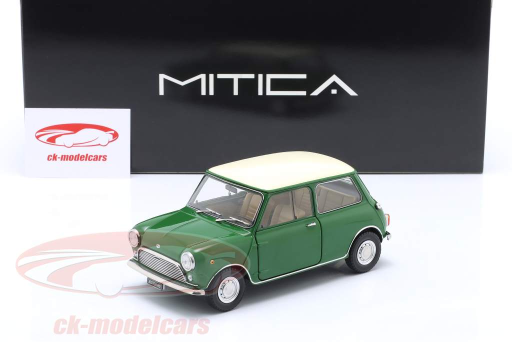 Mini Cooper MK1 byggeår 1966 elfenben grøn, beige 1:18 Mitica
