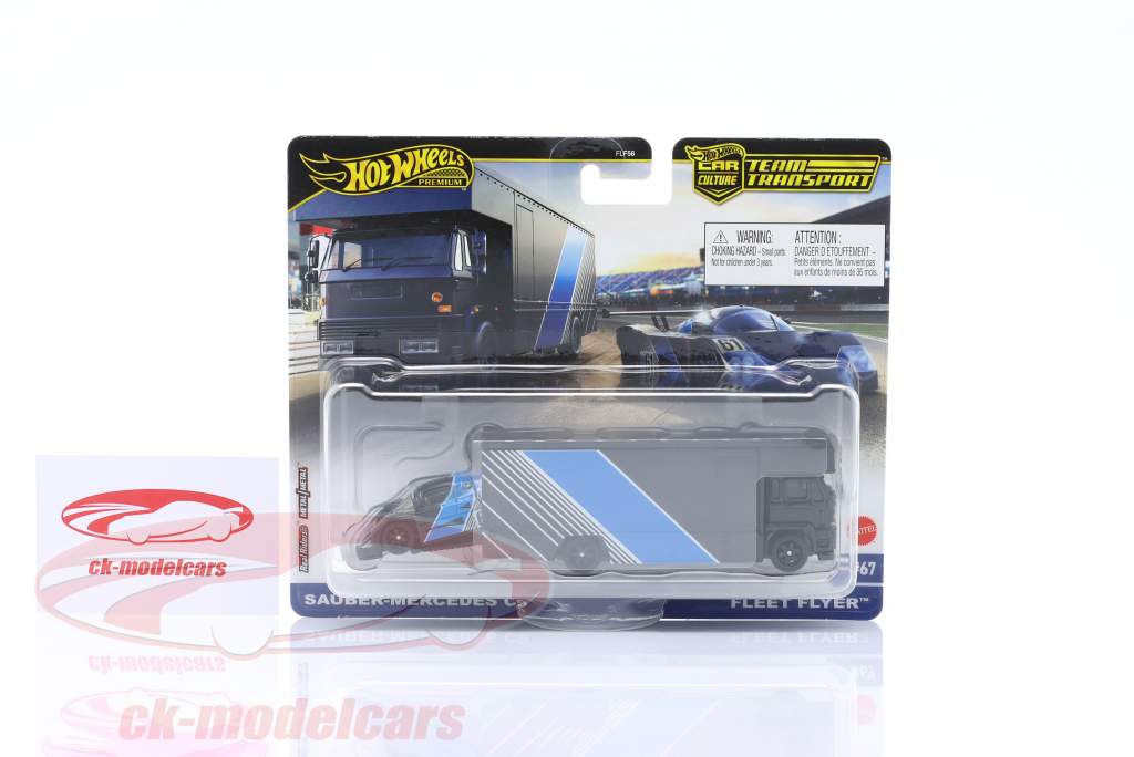 Set Team Transport: Mercedes-Benz Sauber C9 & Fleet Flyer Truck sort / blå 1:64 HotWheels