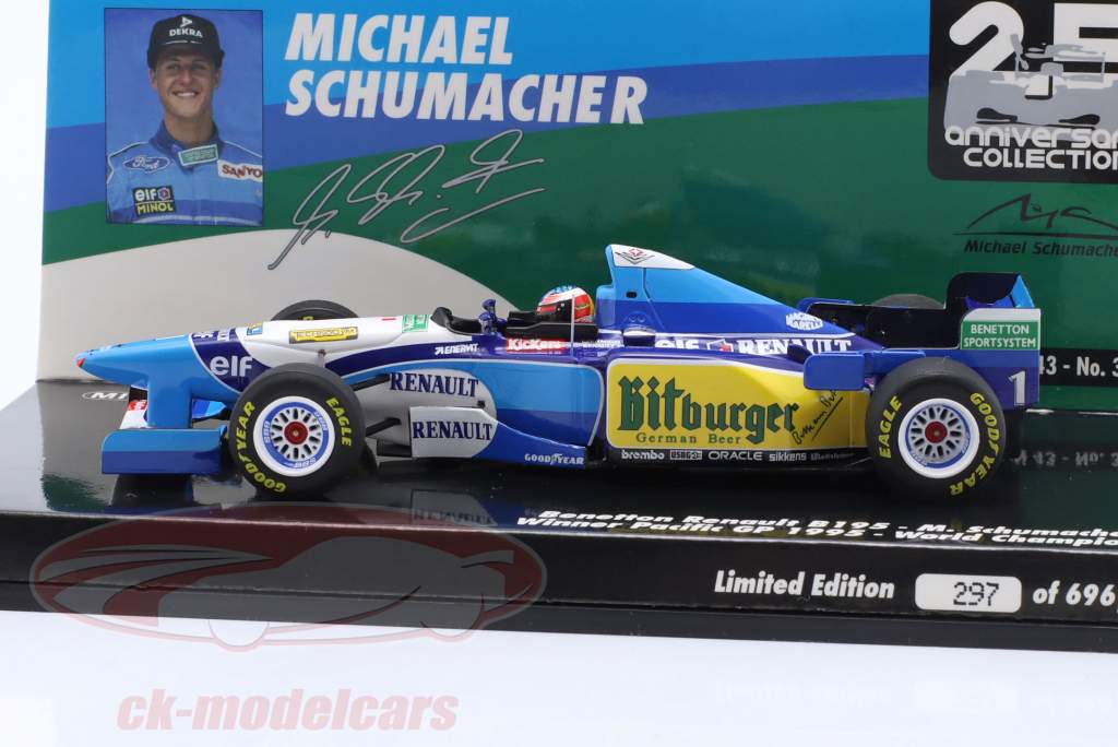 M. Schumacher Benetton B195 #1 winnaar Vreedzaam GP formule 1 wereldkampioen 1995 1:43 Minichamps