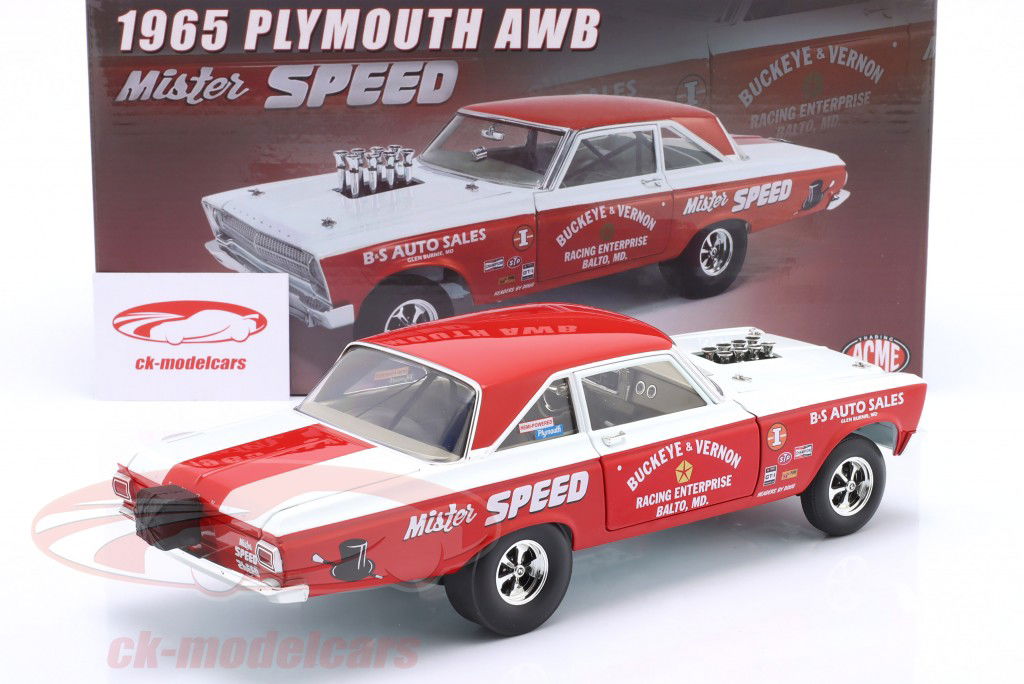 Plymouth AWB Mister Speed bouwjaar 1965 rood / wit 1:18 GMP