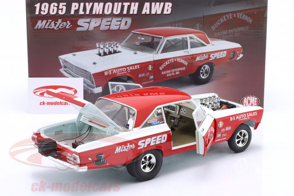 Plymouth AWB Mister Speed bouwjaar 1965 rood / wit 1:18 GMP