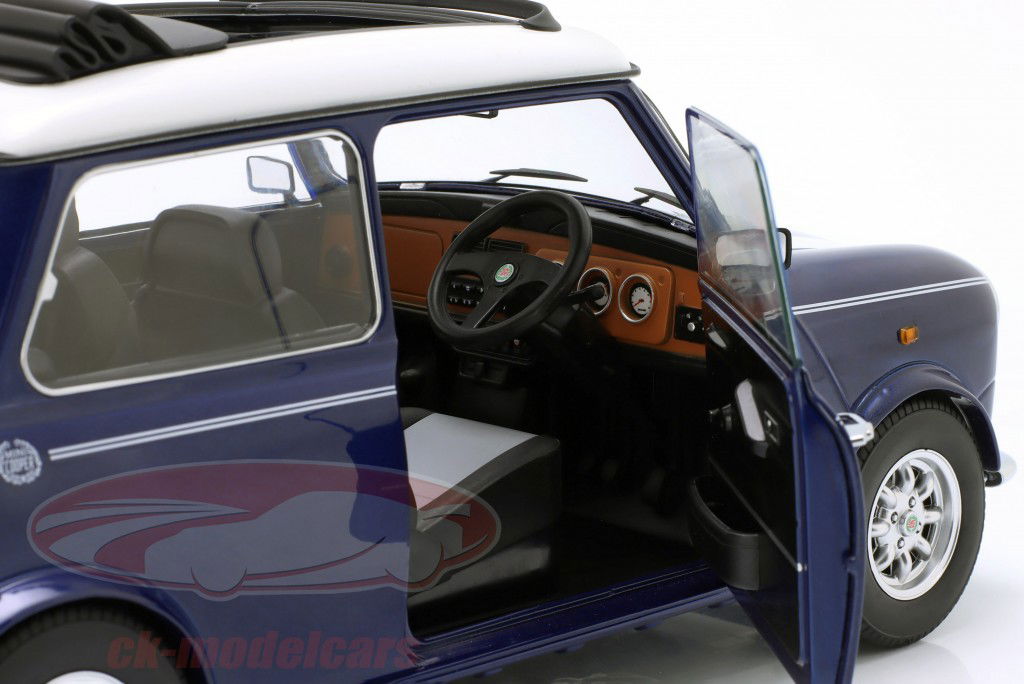 Mini Cooper met zonnedak blauw metalen / wit RHD 1:12 KK-Scale