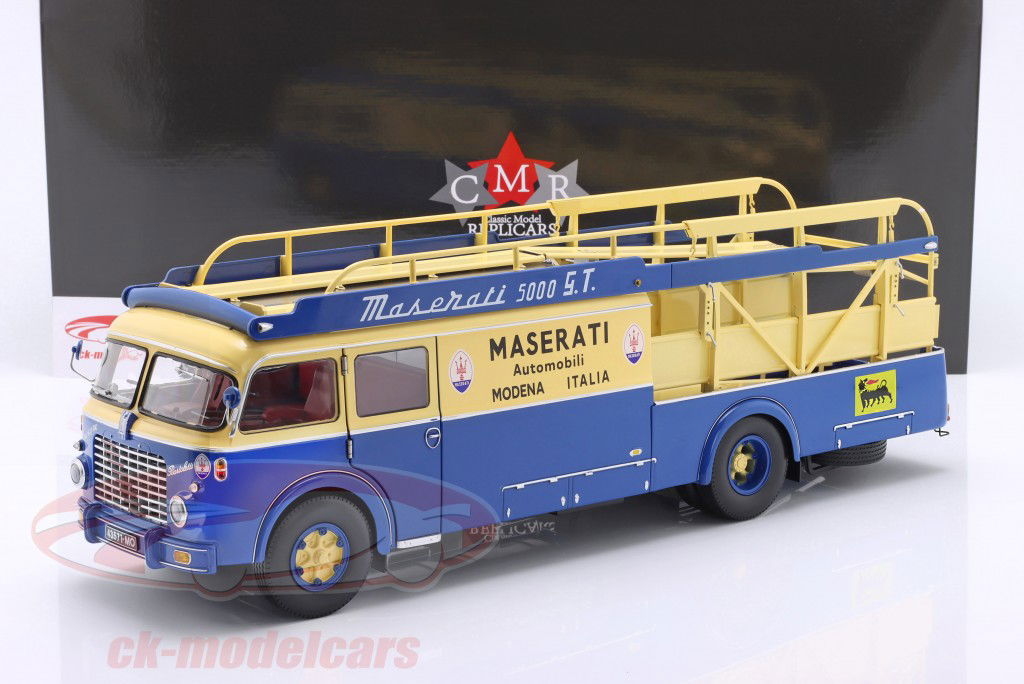 Fiat 642 RN2 Bartoletti Maserati Racertransportør 1957 blå / gul 1:18 CMR