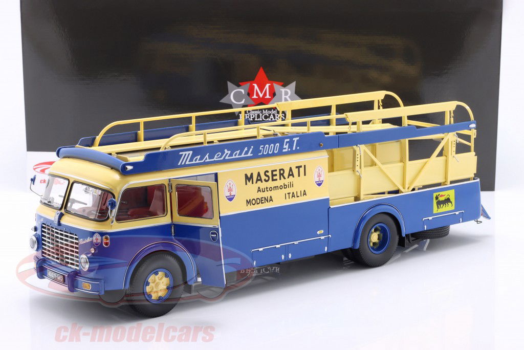 Fiat 642 RN2 Bartoletti Maserati Racertransportør 1957 blå / gul 1:18 CMR