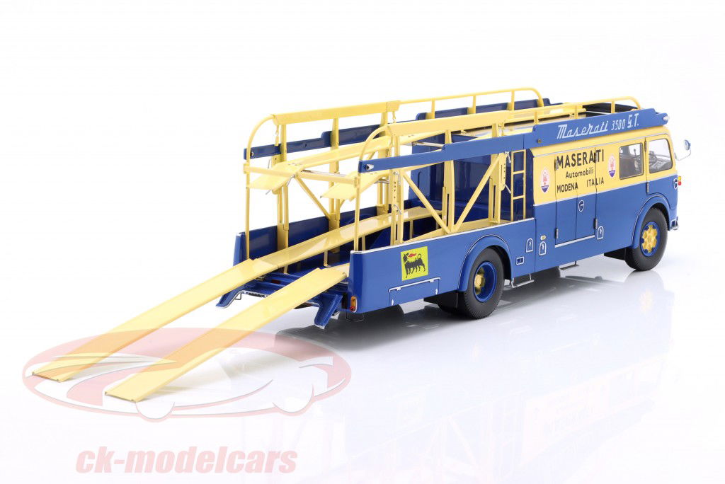 Fiat 642 RN2 Bartoletti Maserati Race Car Transporter 1957 blue / yellow 1:18 CMR