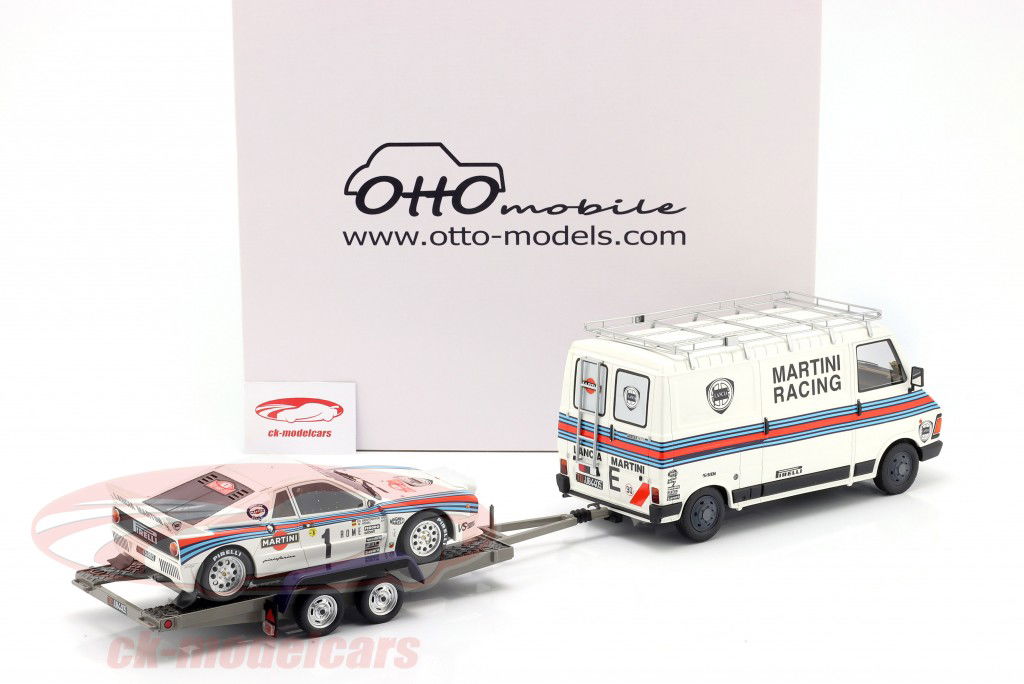 3 auto impostato Rallye Monte Carlo 1983: Fiat 242 & Lancia 037 Rally #1 con Rimorchio 1:18 OttOmobile