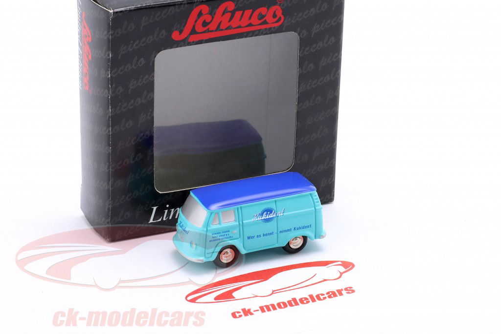 Volkswagen VW T2 furgão Kukident azul 1:90 Schuco Piccolo