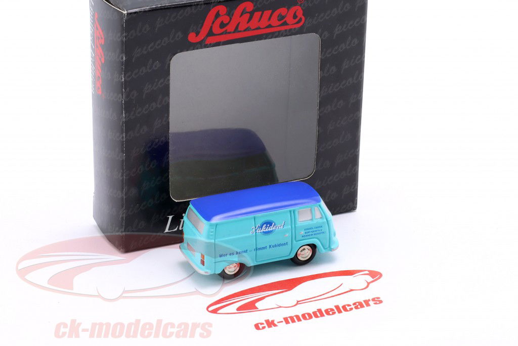 Volkswagen VW T2 furgão Kukident azul 1:90 Schuco Piccolo
