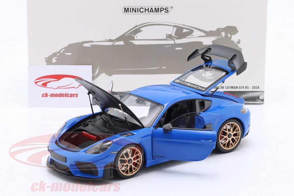 Porsche Cayman GT4 RS med Weissach-pakken Byggeår 2024 blå 1:18 Minichamps