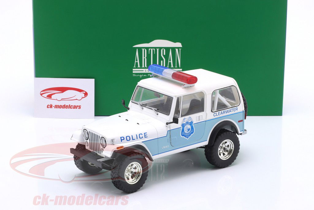 Jeep CJ-7 Clearwater Florida Police branco / azul 1:18 Greenlight