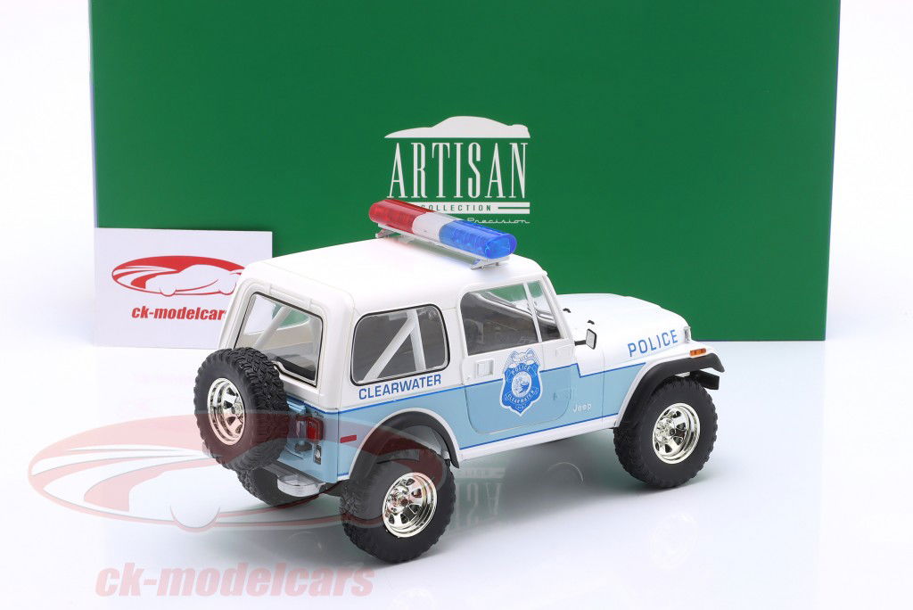 Jeep CJ-7 Clearwater Florida Police branco / azul 1:18 Greenlight