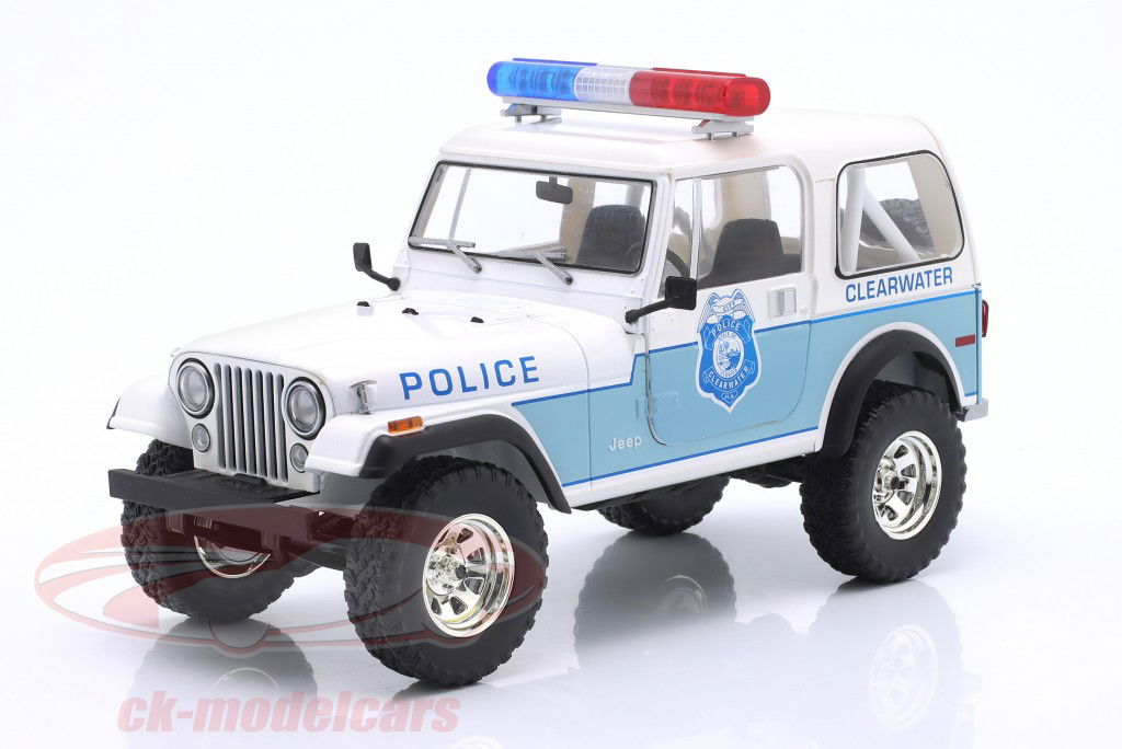 Jeep CJ-7 Clearwater Florida Police branco / azul 1:18 Greenlight