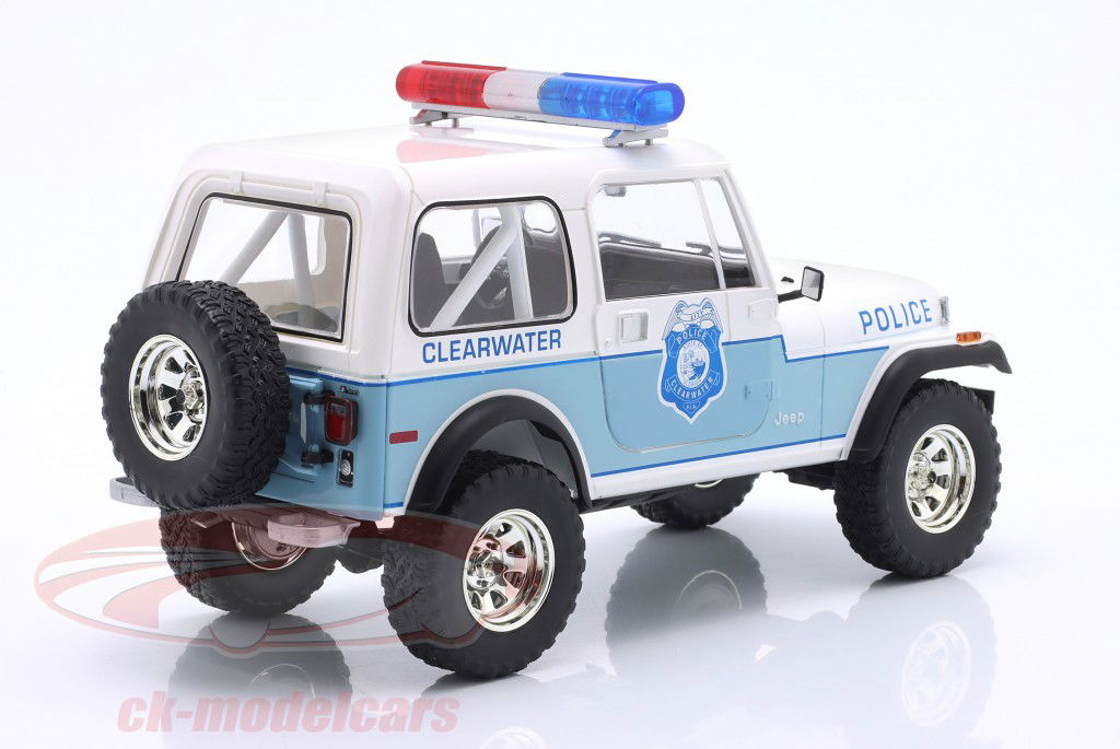 Jeep CJ-7 Clearwater Florida Police branco / azul 1:18 Greenlight