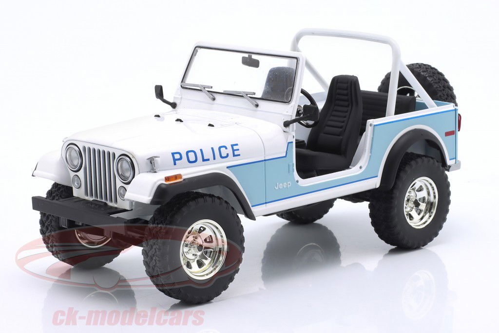 Jeep CJ-7 Clearwater Florida Police branco / azul 1:18 Greenlight
