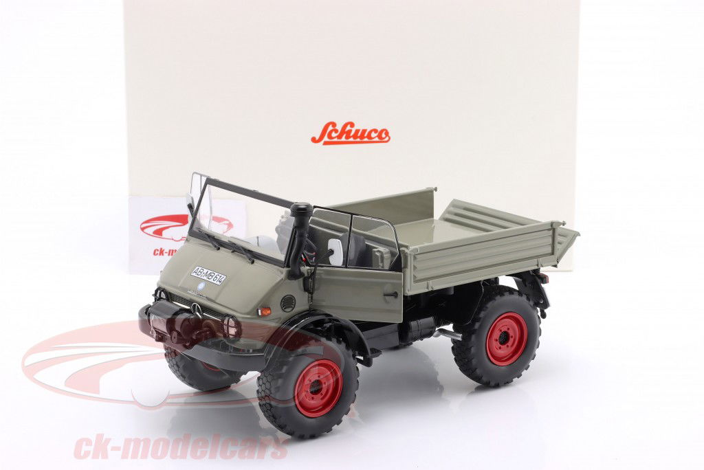 Unimog 406 と ソフトトップ グレー / 赤み リム 1:18 Schuco