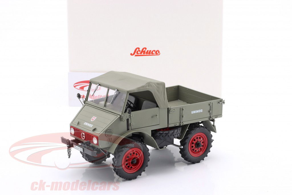 Unimog 401 met Zachte kap grijs / roodheid velgen 1:18 Schuco