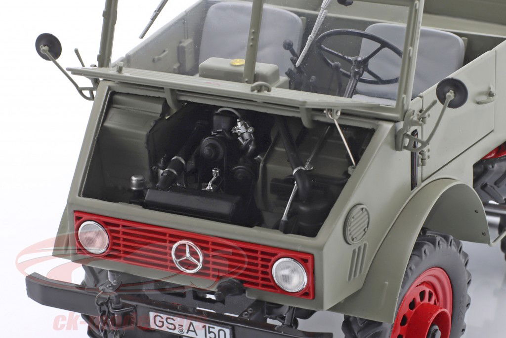 Unimog 401 com Capota flexível cinza / vermelhidão aros 1:18 Schuco