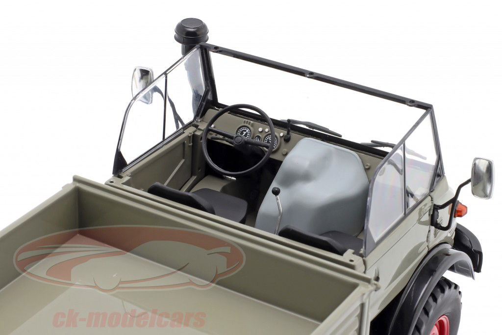 Unimog 406 と ソフトトップ グレー / 赤み リム 1:18 Schuco