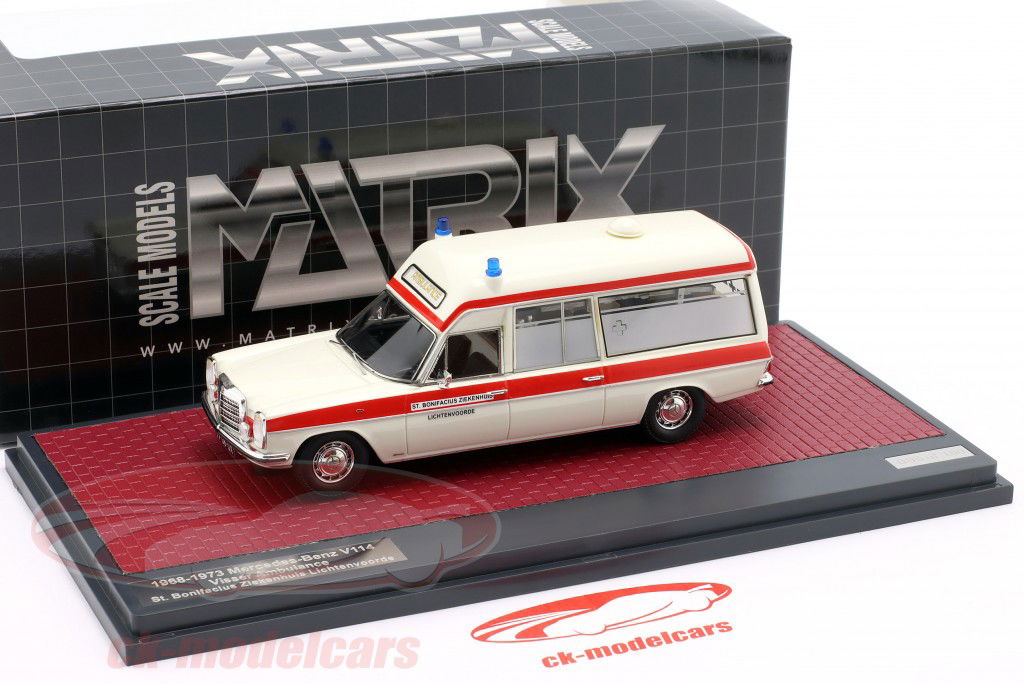 Mercedes-Benz V114 Visser Ambulance Byggeår 1968-1973 hvid / rød 1:43 Matrix
