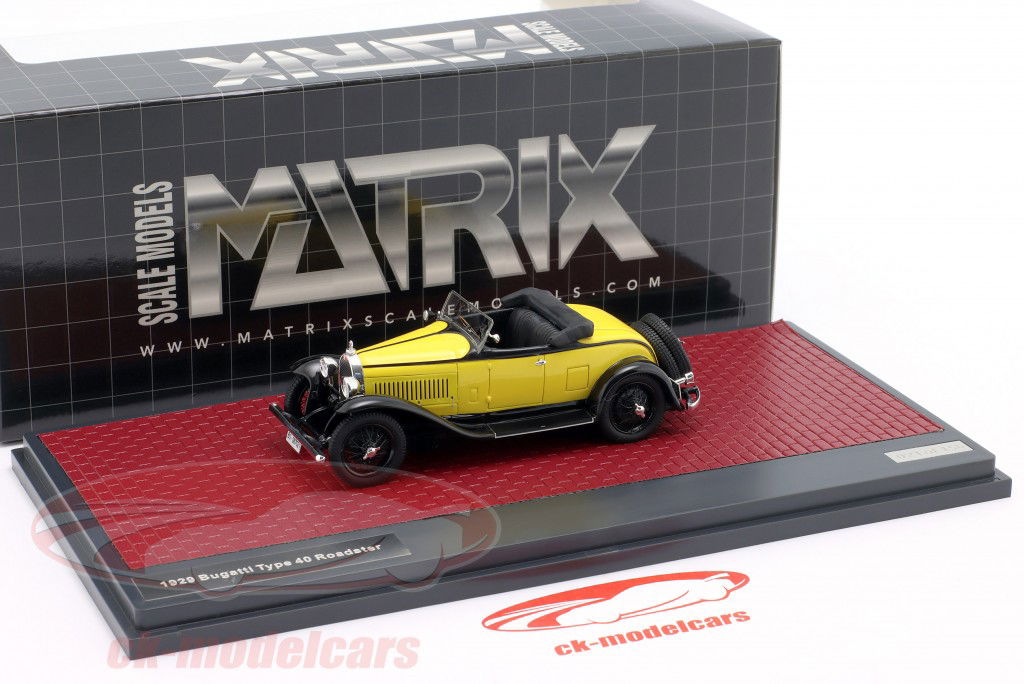 Bugatti Type 40 Roadster Byggeår 1929 gul / sort 1:43 Matrix