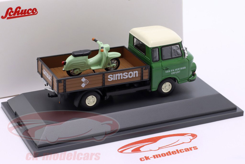 Barkas B1000 Simson med Simson Schwalbe grøn 1:43 Schuco