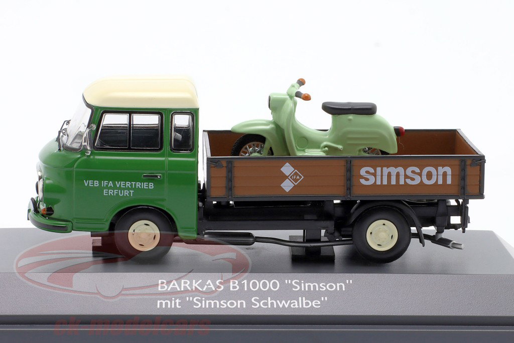 Barkas B1000 Simson con Simson Schwalbe verde 1:43 Schuco