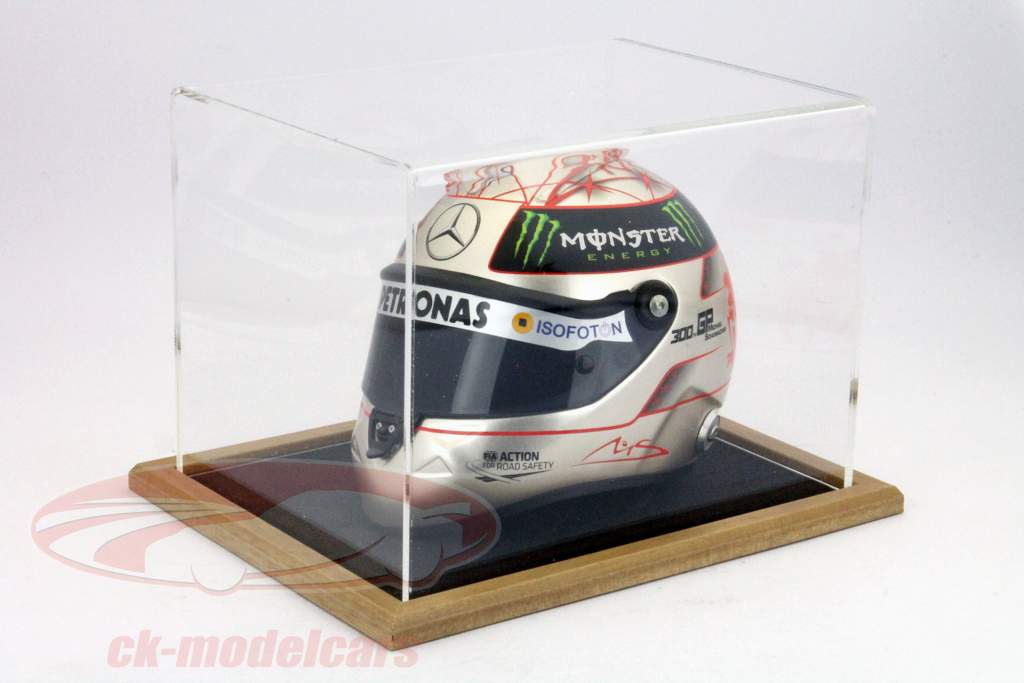 helmet display case with a wooden base light oak / black scale 1:2