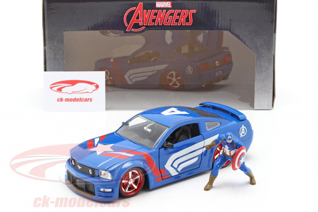 Voiture Ford Mustang GT 2005 Captain America – Jada Marvel – échelle 1:24 – Bleue – Portes, Capot Et Coffre Ouvrants