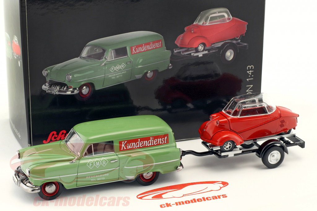Schuco 1:43 Opel Olympia Caravan with trailer and Messerschmitt KR