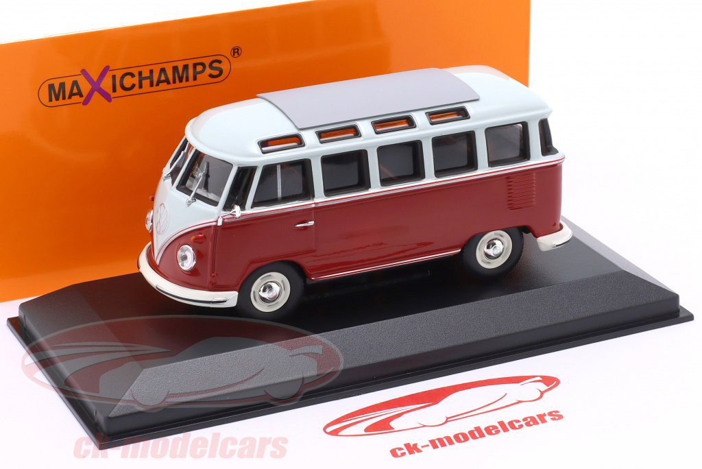 Minichamps VW T1 Combi Samba – 1/43 – Bleu/gris – Boîte Plexiglas – Occasion état Neuf