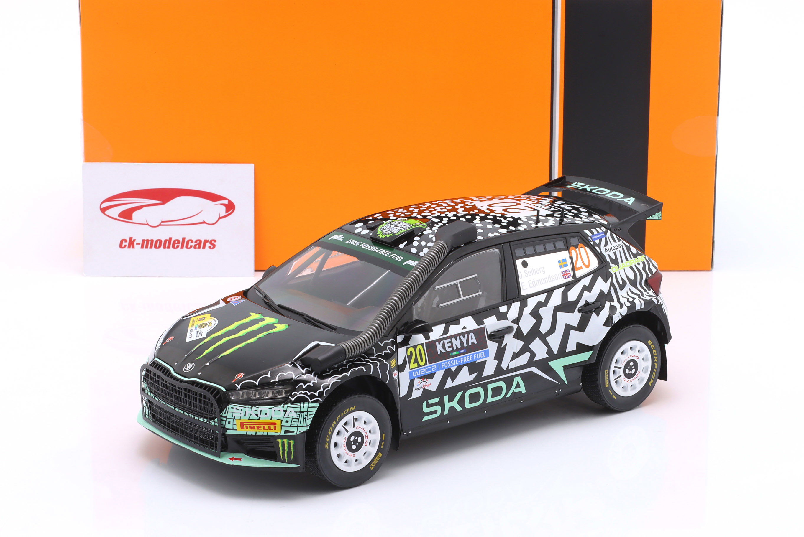 Ixo 1:18 Škoda Fabia RS Rally2 #20 7th rally Kenya 2024 Solberg