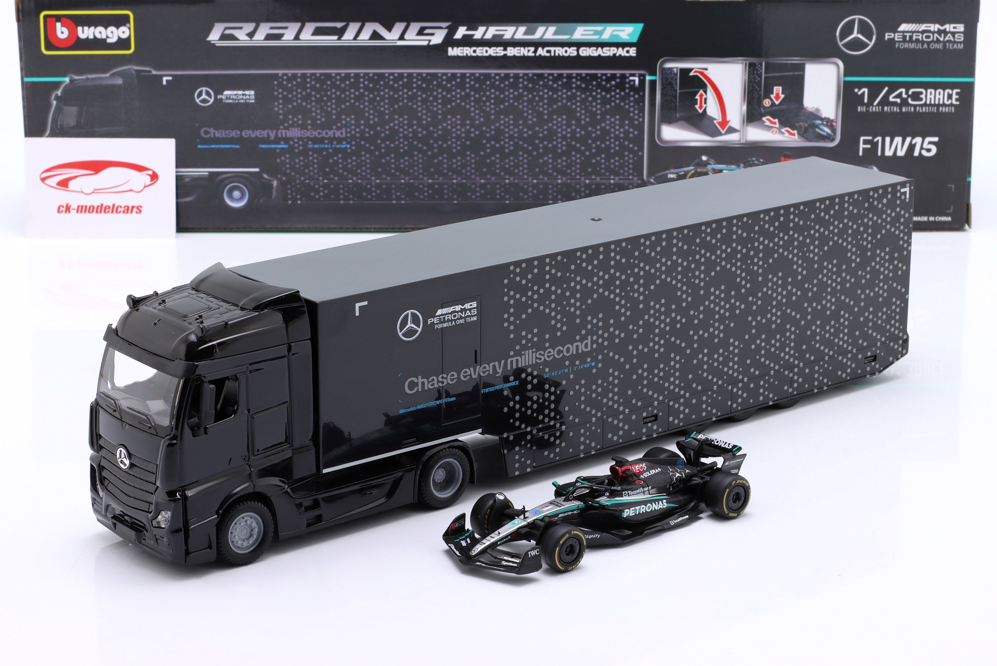 Bburago 1:43 Mercedes-Benz Actros 公式1 赛车运输车和Mercedes FW15 #63 Russell  18-38402 模型汽车18-38402 4893993384020 8719247988478